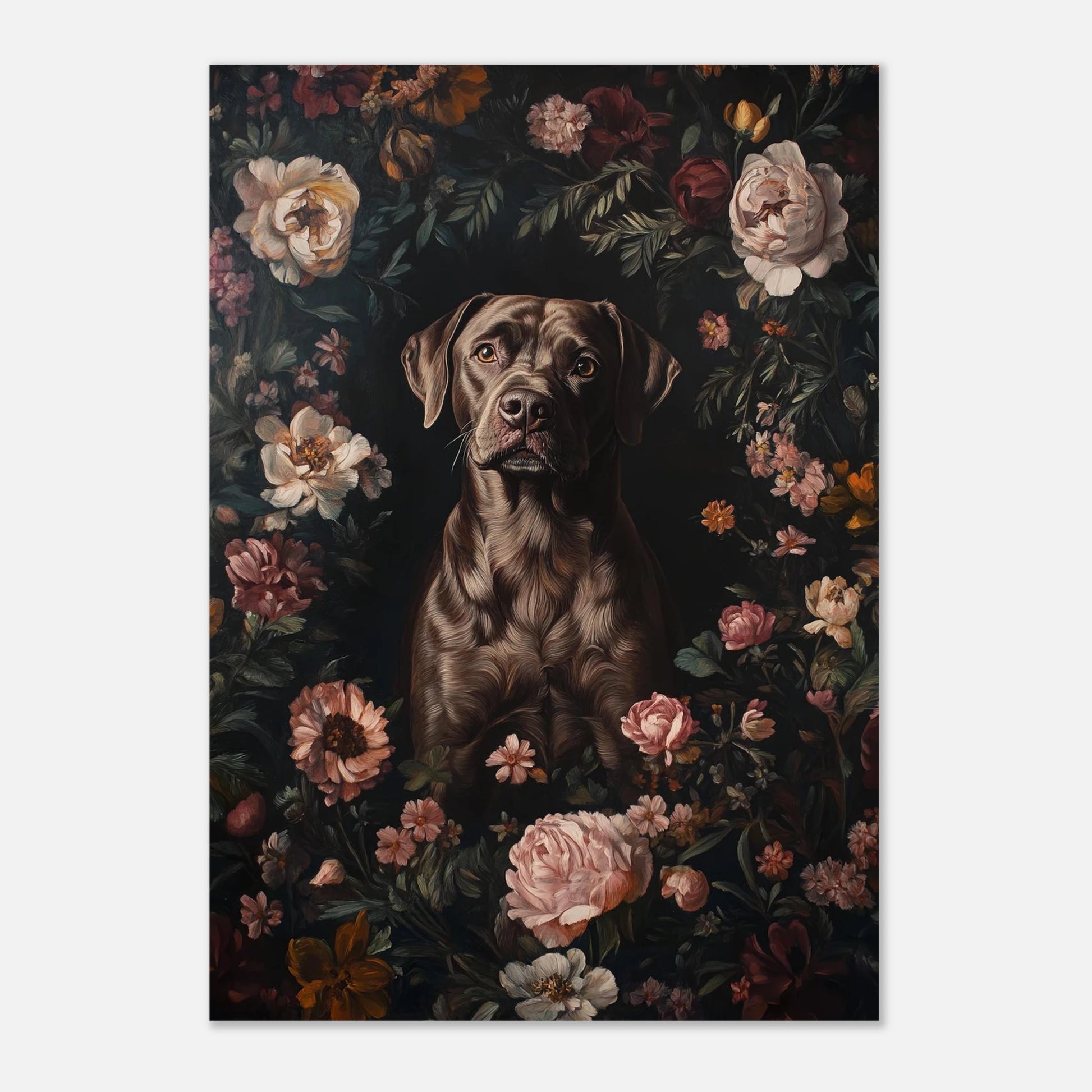 Stämningsfull tavla med en labrador i barockinspirerad blomstermiljö för klassisk inredning