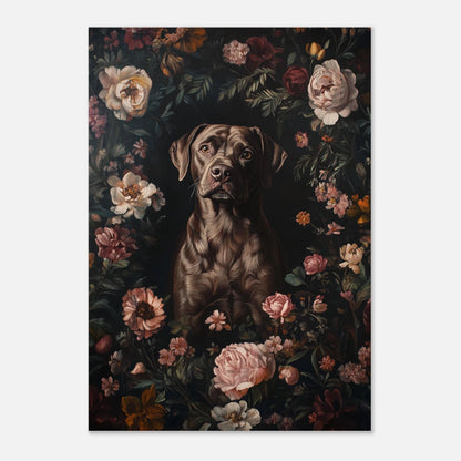 Stämningsfull tavla med en labrador i barockinspirerad blomstermiljö för klassisk inredning