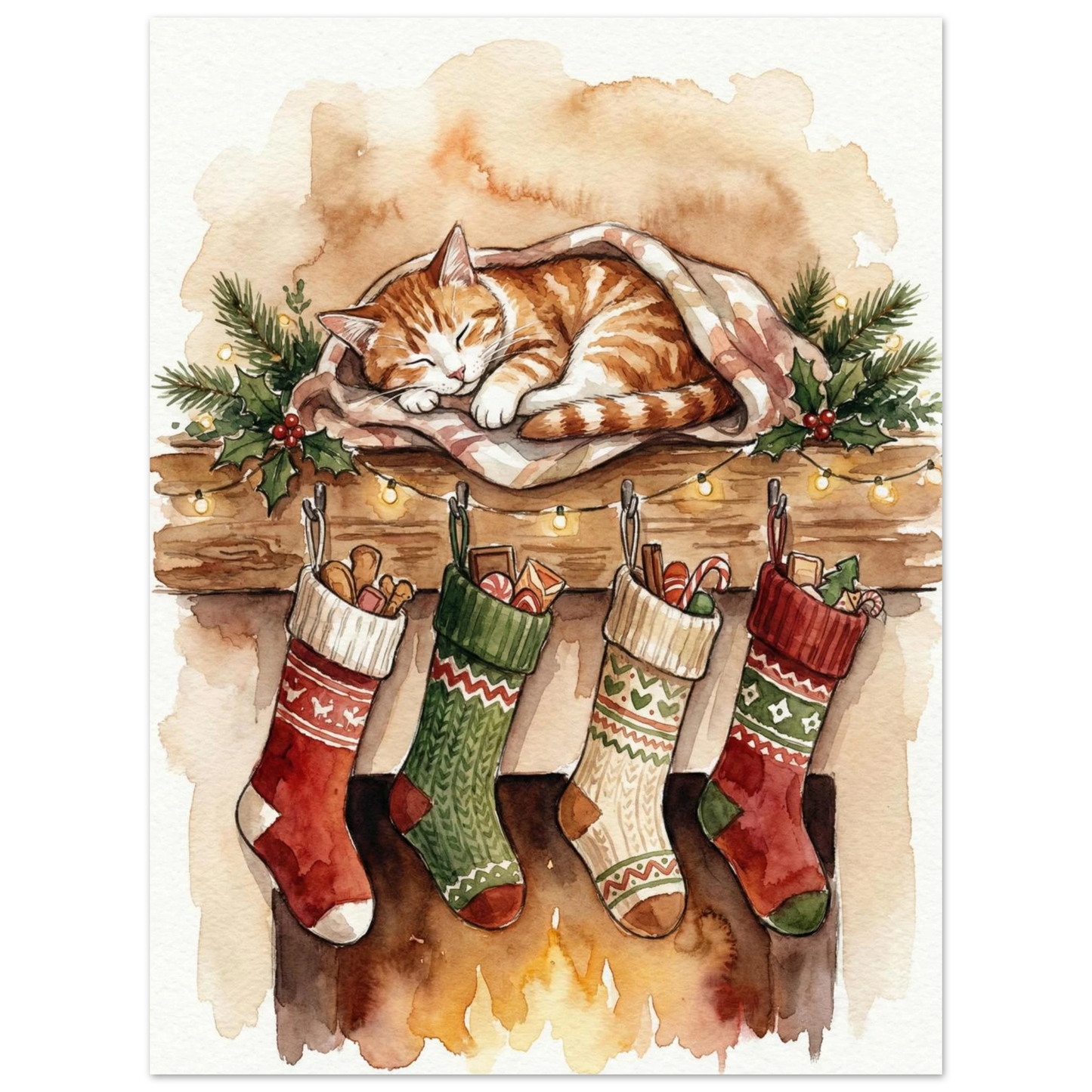Illustration av en lugn julnatt med sovande katt och glödande eldstad
