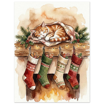 Illustration av en lugn julnatt med sovande katt och glödande eldstad