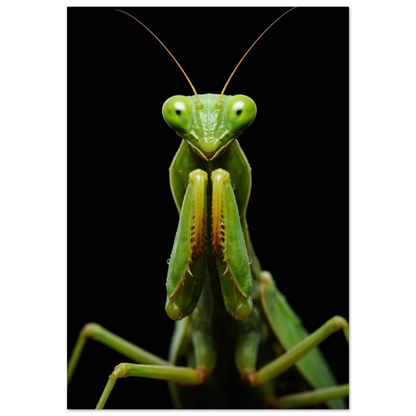 Detaljerad närbild på en grön bönsyrsa framifrån med mörk bakgrund – Fotorealistisk poster