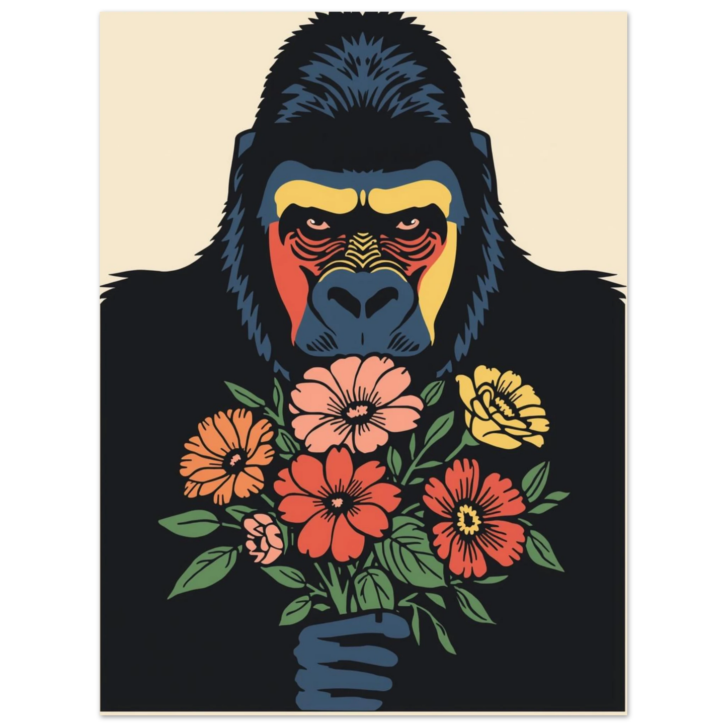 Konstnärligt porträtt av en gorilla med en bukett zinnior