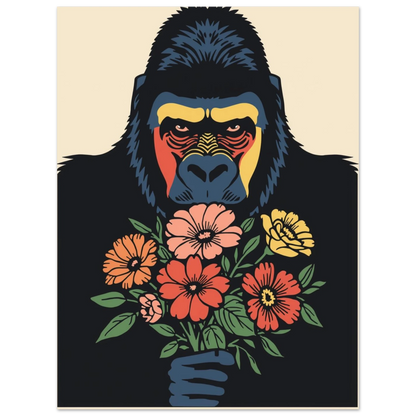 Konstnärligt porträtt av en gorilla med en bukett zinnior