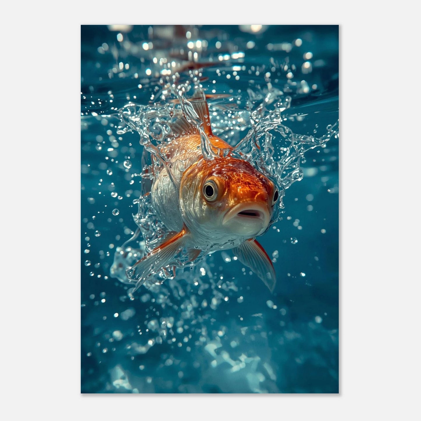 Makrofoto på guldfisk och vattenkaskader i en dynamisk undervattensscen