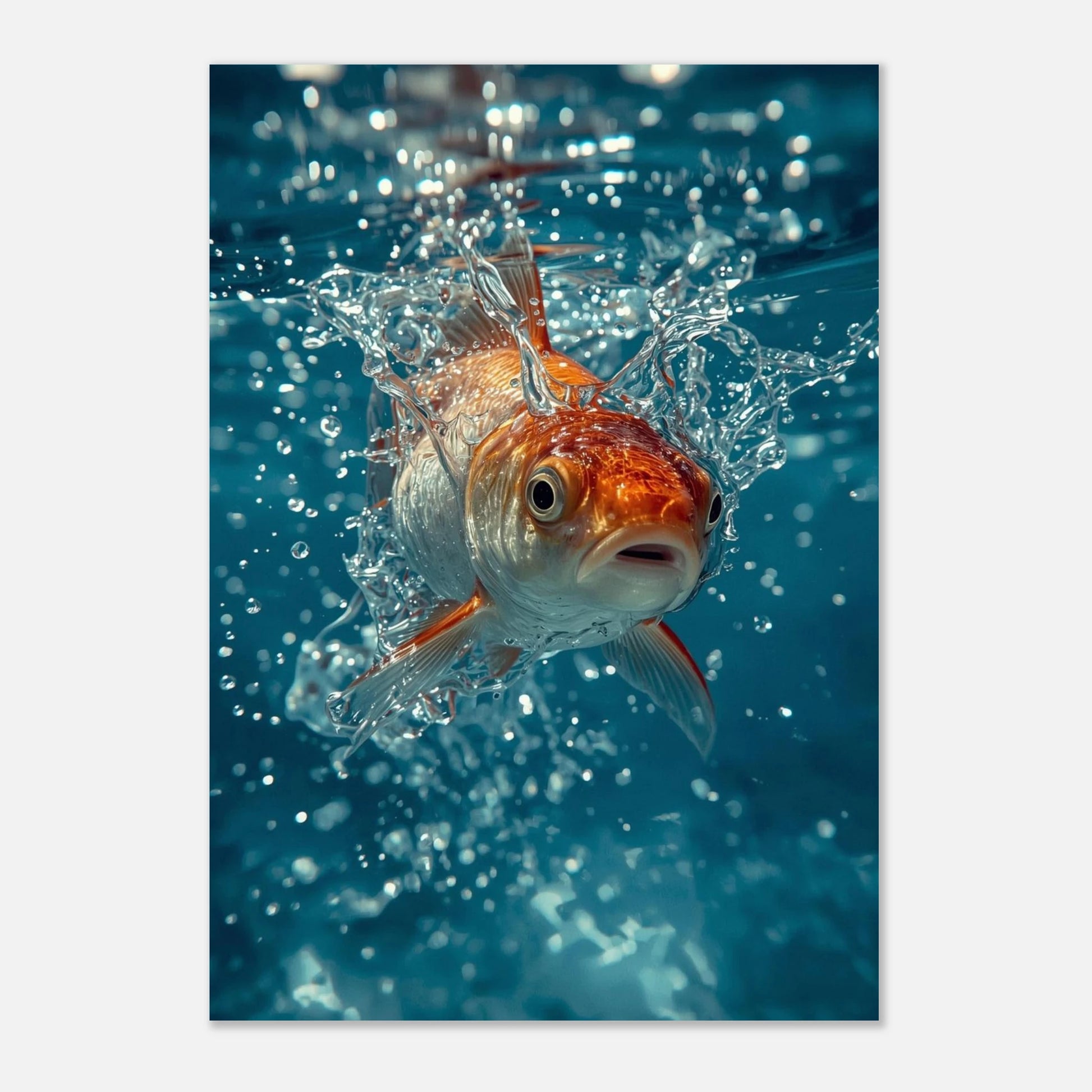 Makrofoto på guldfisk och vattenkaskader i en dynamisk undervattensscen