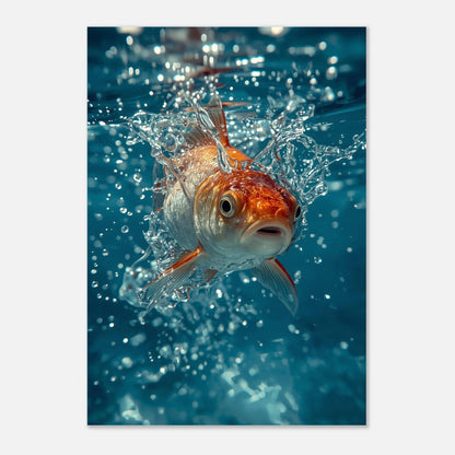 Makrofoto på guldfisk och vattenkaskader i en dynamisk undervattensscen