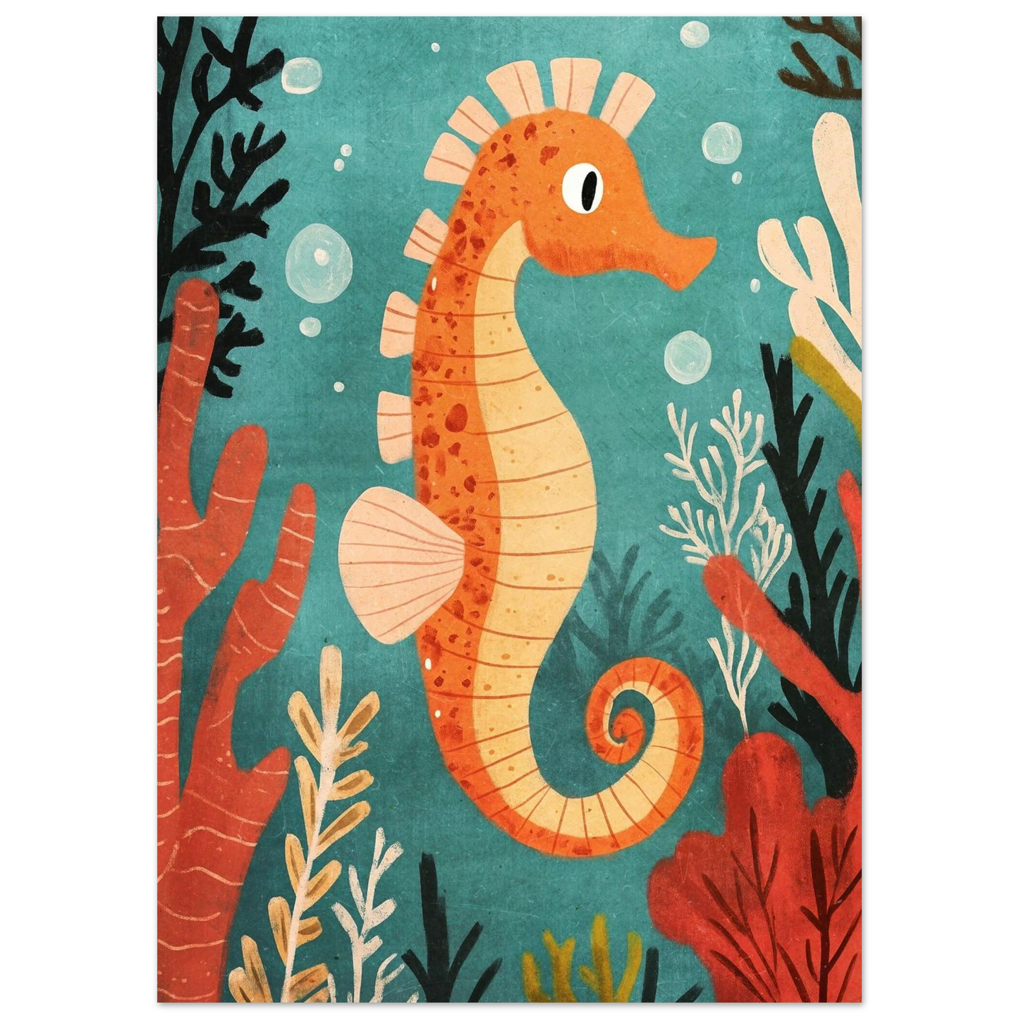 Lekfull sjöhästposter med bubblor och havsväxter i modern grafisk stil