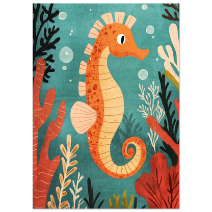 Lekfull sjöhästposter med bubblor och havsväxter i modern grafisk stil