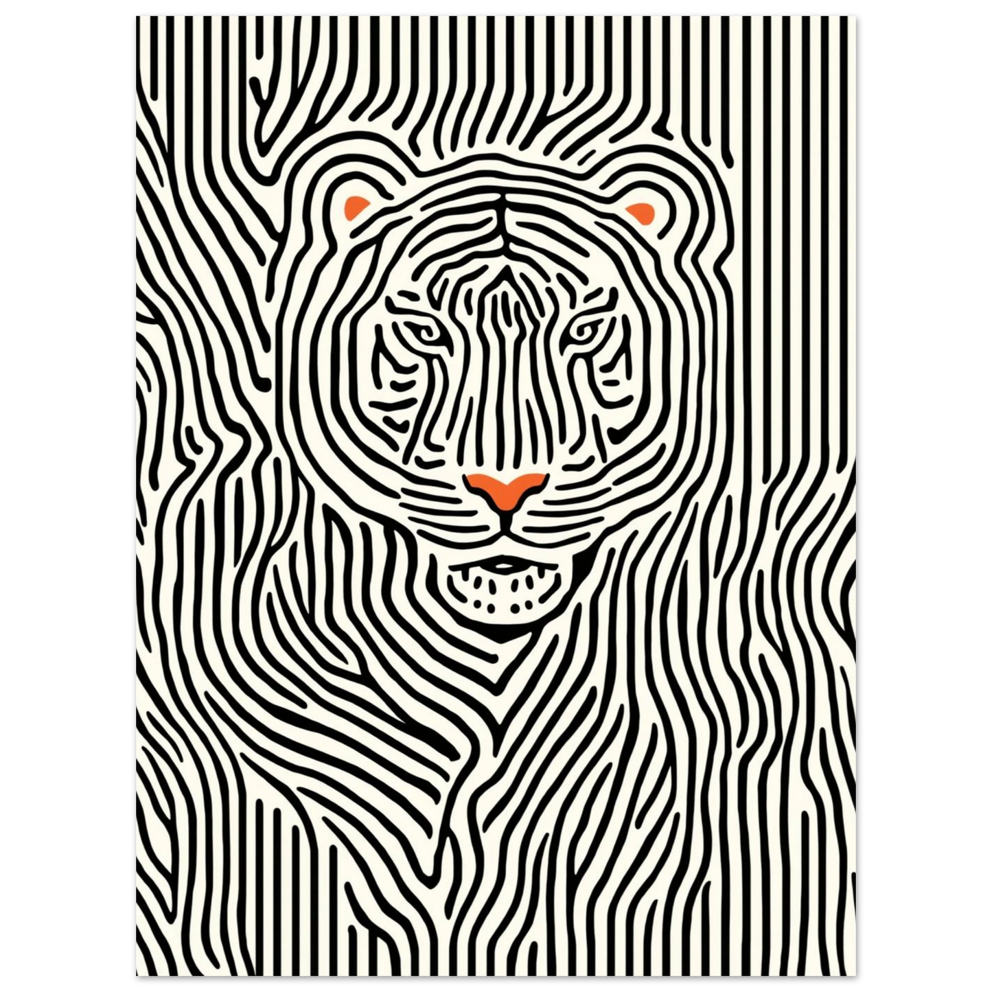 Grafiskt print med en tiger i svartvit linjedesign och orange accentfärg