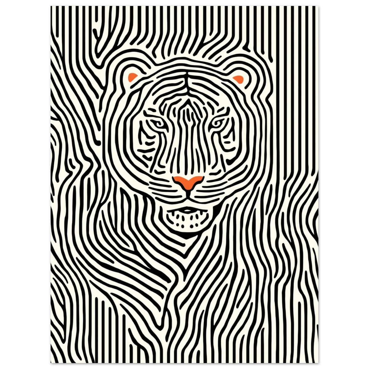 Grafiskt print med en tiger i svartvit linjedesign och orange accentfärg