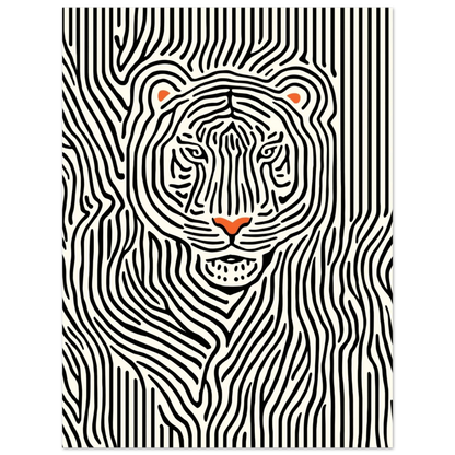 Grafiskt print med en tiger i svartvit linjedesign och orange accentfärg