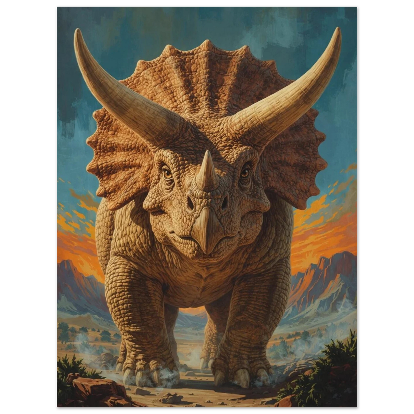 Triceratops i helbild med dammiga fotspår på marken – Retro poster