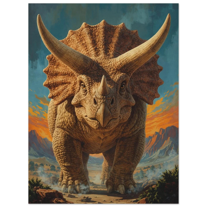 Triceratops i helbild med dammiga fotspår på marken – Retro poster