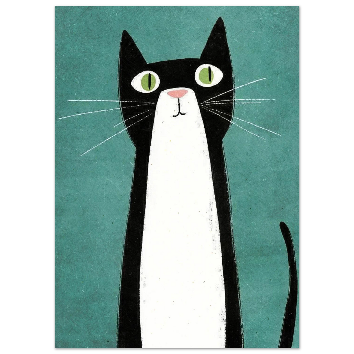 Stiliserad kattposter med lång vit bröstkorg och nyfiken blick