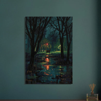 Hjort i mörk stadspark, reflekterande vatten, nattlig stämning