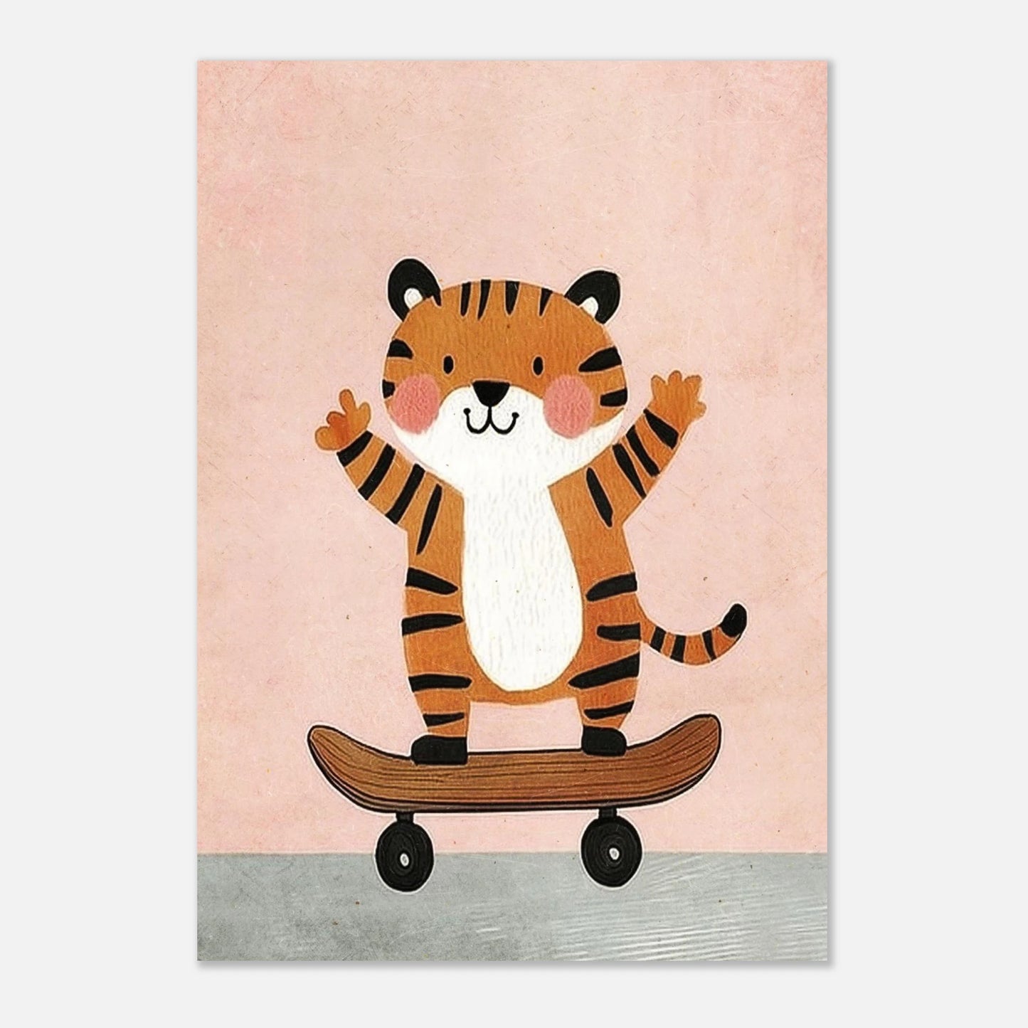 Inramad poster med en glad tiger på skateboard, barnvänlig väggkonst