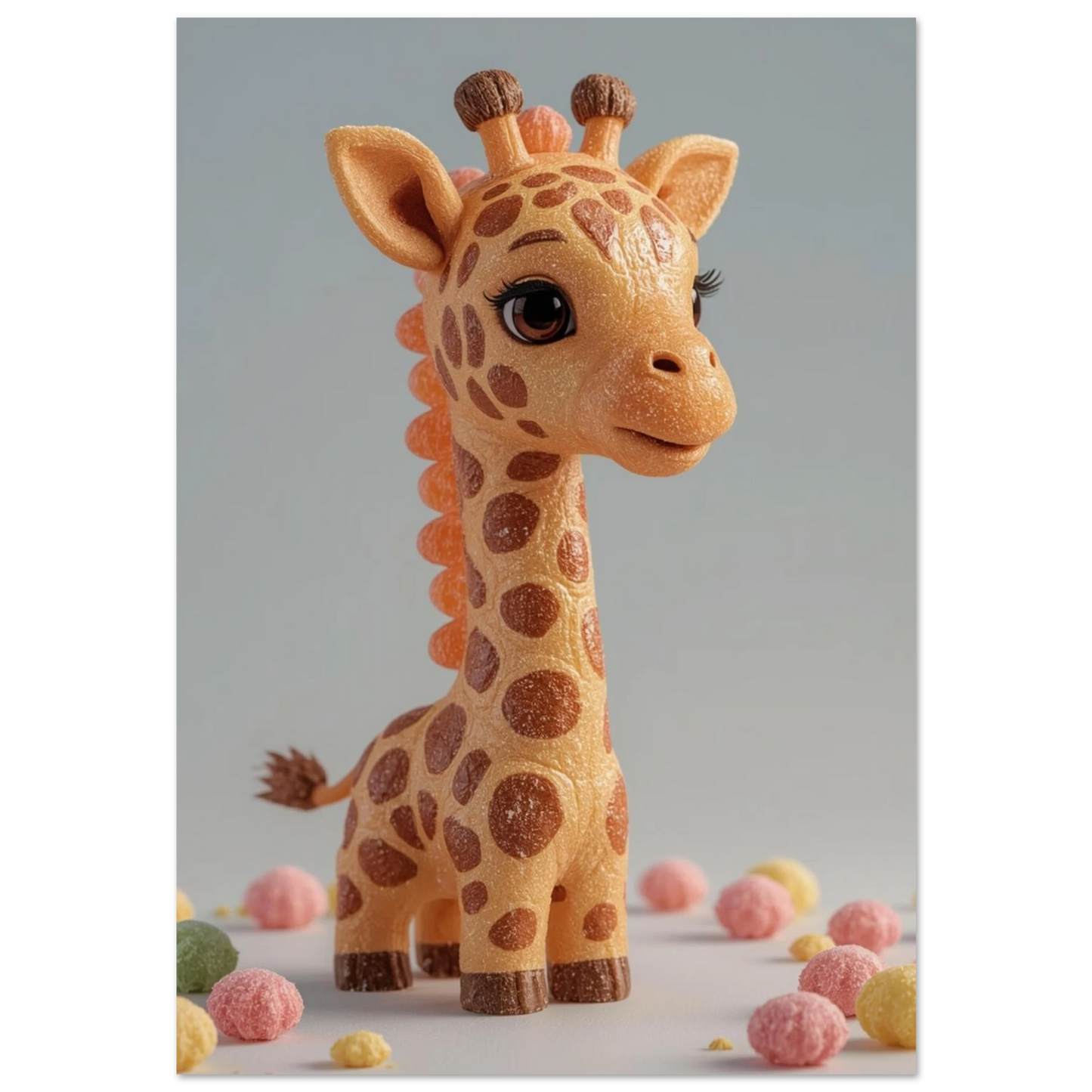 Söt giraff skapad av karamell med rosa och gula sockerbitar