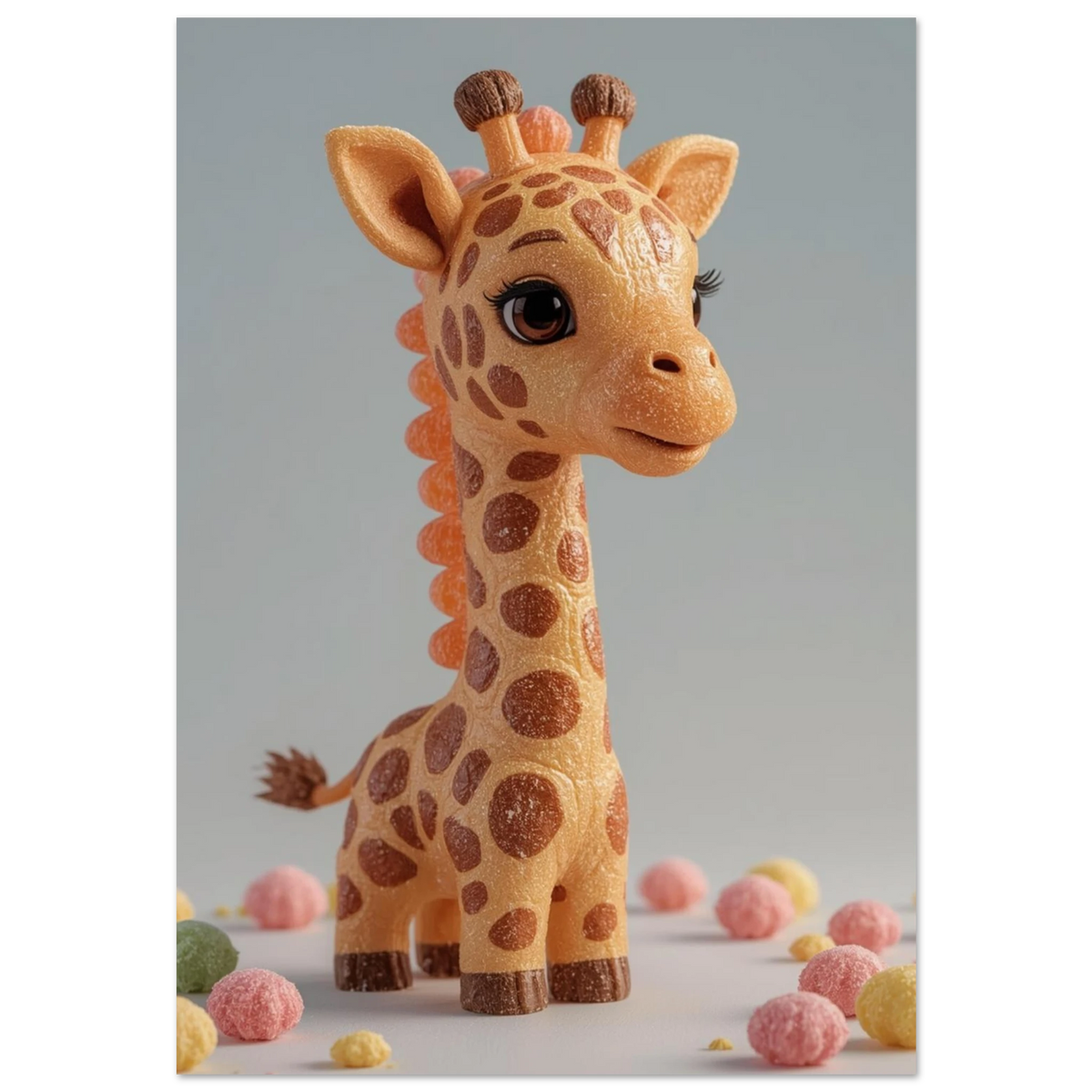 Söt giraff skapad av karamell med rosa och gula sockerbitar