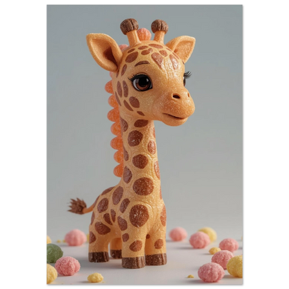 Söt giraff skapad av karamell med rosa och gula sockerbitar