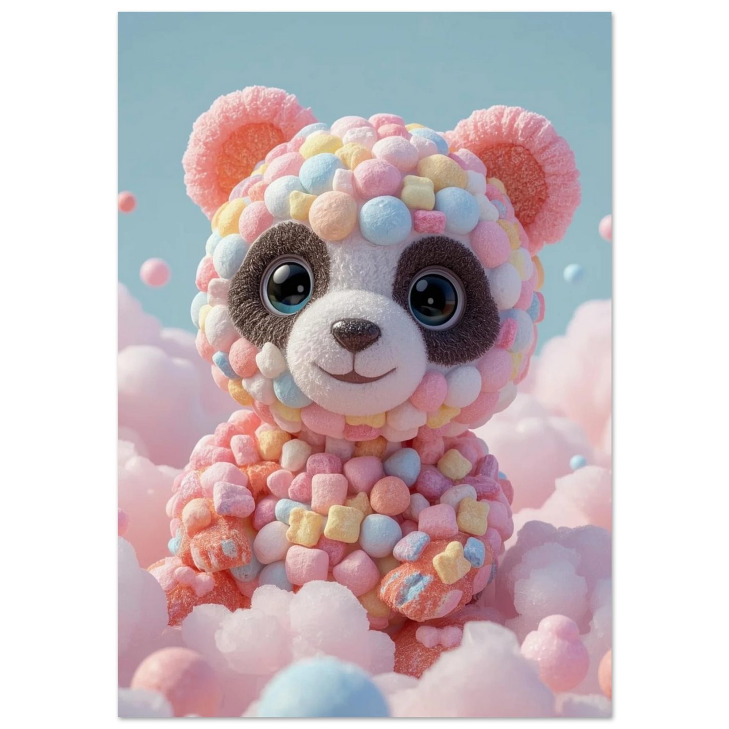 Panda gjord av färgglada marshmallows i rosa sockervaddsmoln – lekfull barnposter