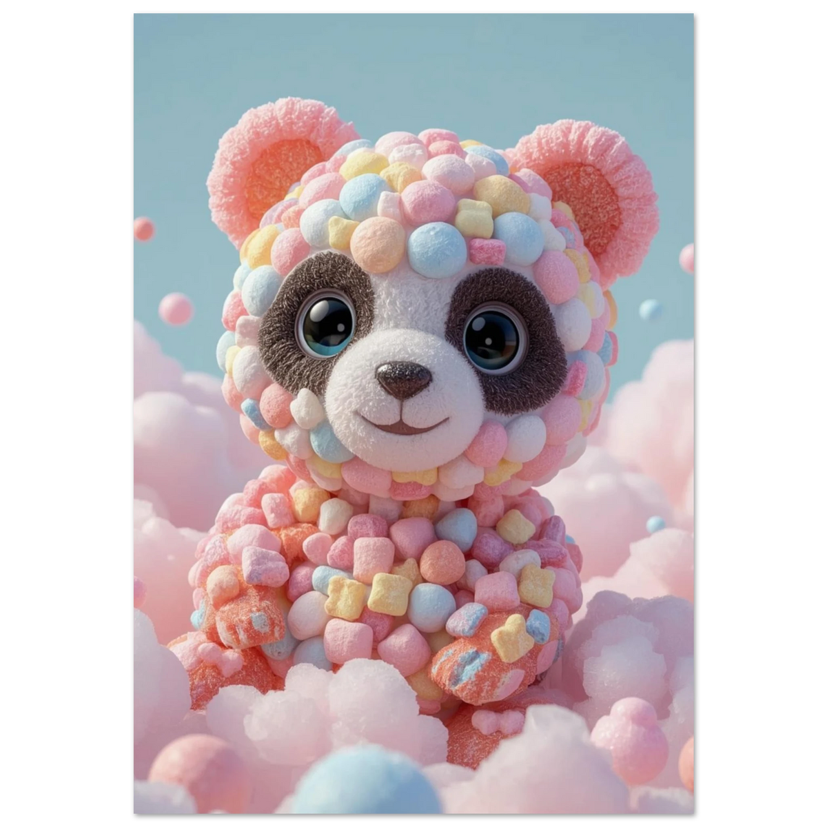 Panda gjord av färgglada marshmallows i rosa sockervaddsmoln – lekfull barnposter