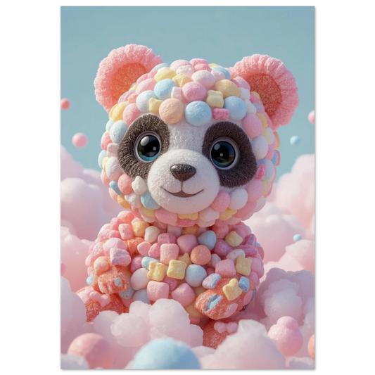Panda gjord av färgglada marshmallows i rosa sockervaddsmoln – lekfull barnposter