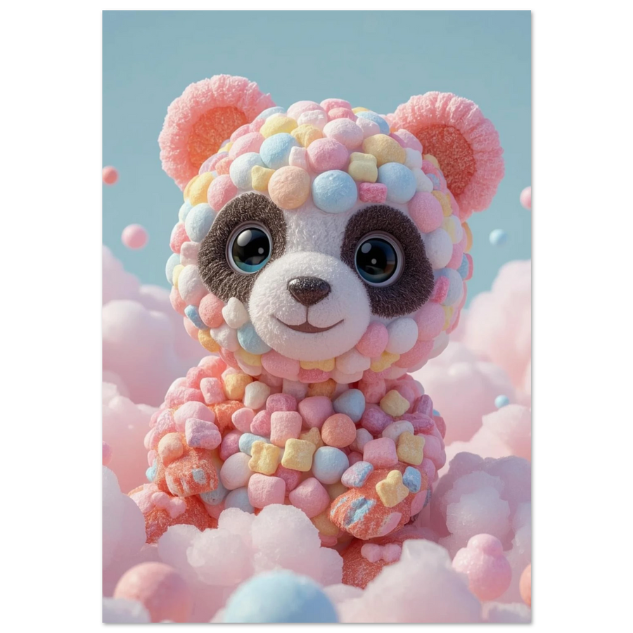 Panda gjord av färgglada marshmallows i rosa sockervaddsmoln – lekfull barnposter