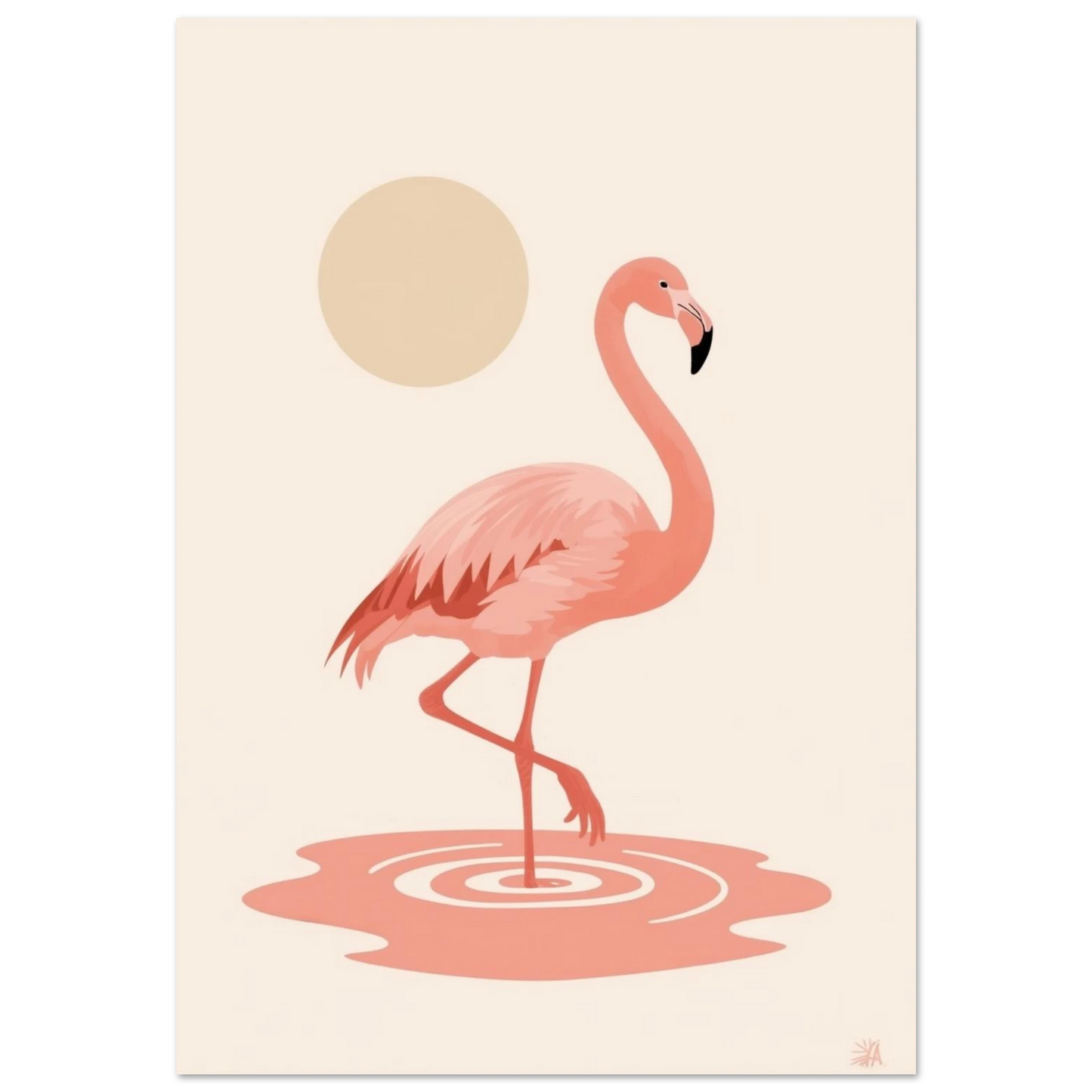Rosa flamingo i beige vattenlandskap med sol – minimalistisk djurposter