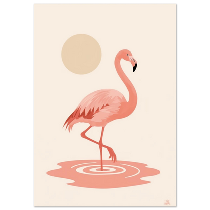 Rosa flamingo i beige vattenlandskap med sol – minimalistisk djurposter