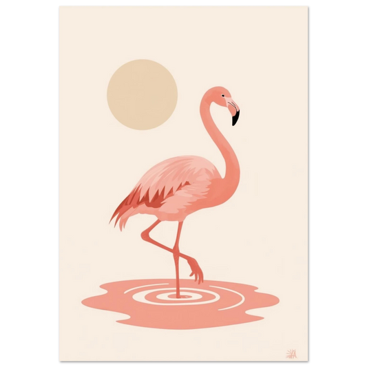 Rosa flamingo i beige vattenlandskap med sol – minimalistisk djurposter
