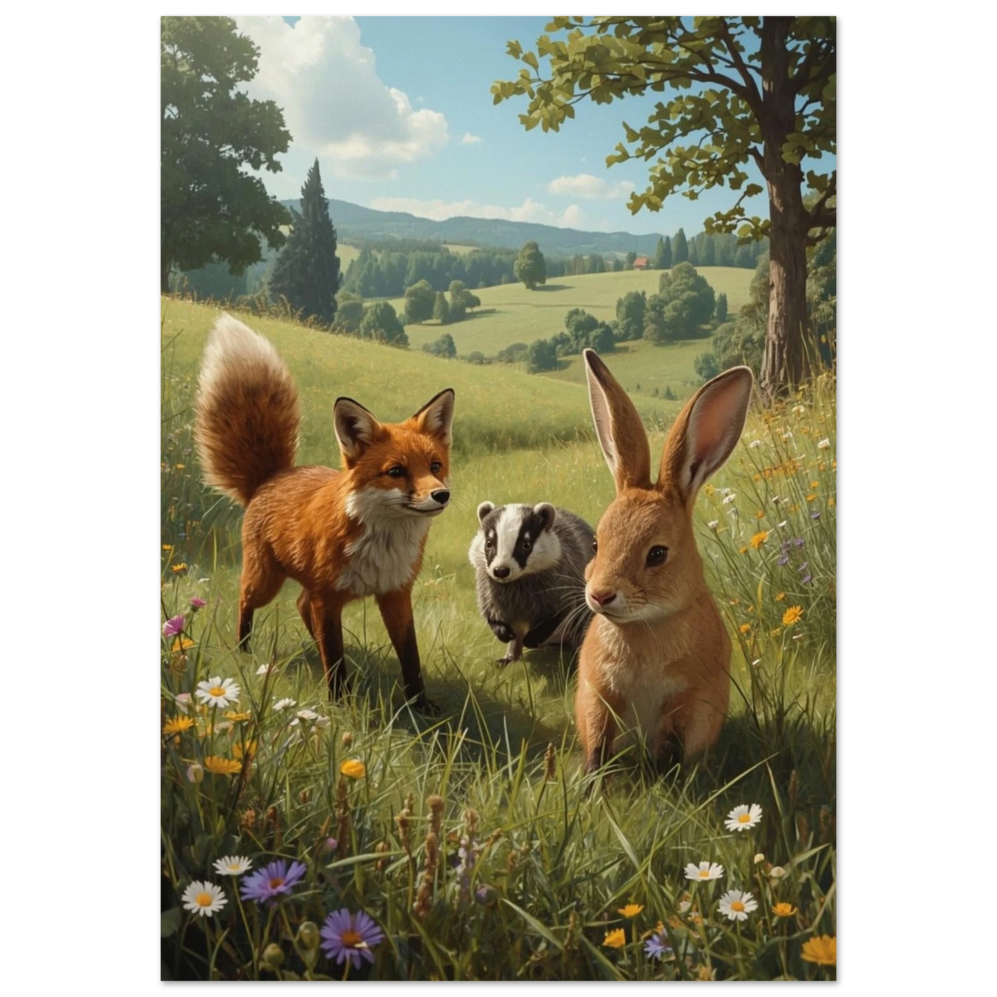 Målad bild av kanin, räv och grävling i somrigt landskap med ett träd i bakgrunden. – Målad poster