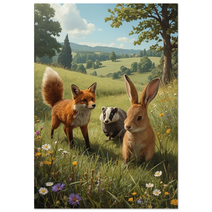 Målad bild av kanin, räv och grävling i somrigt landskap med ett träd i bakgrunden. – Målad poster