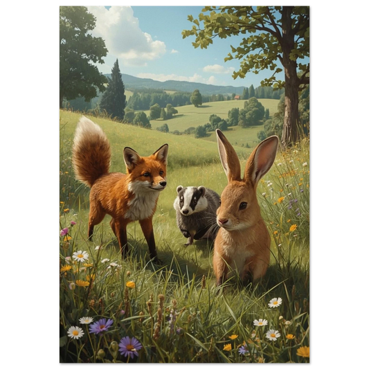 Målad bild av kanin, räv och grävling i somrigt landskap med ett träd i bakgrunden. – Målad poster