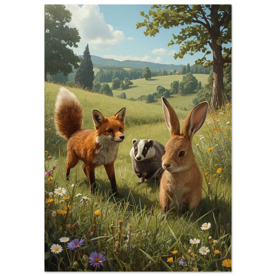 Målad bild av kanin, räv och grävling i somrigt landskap med ett träd i bakgrunden. – Målad poster