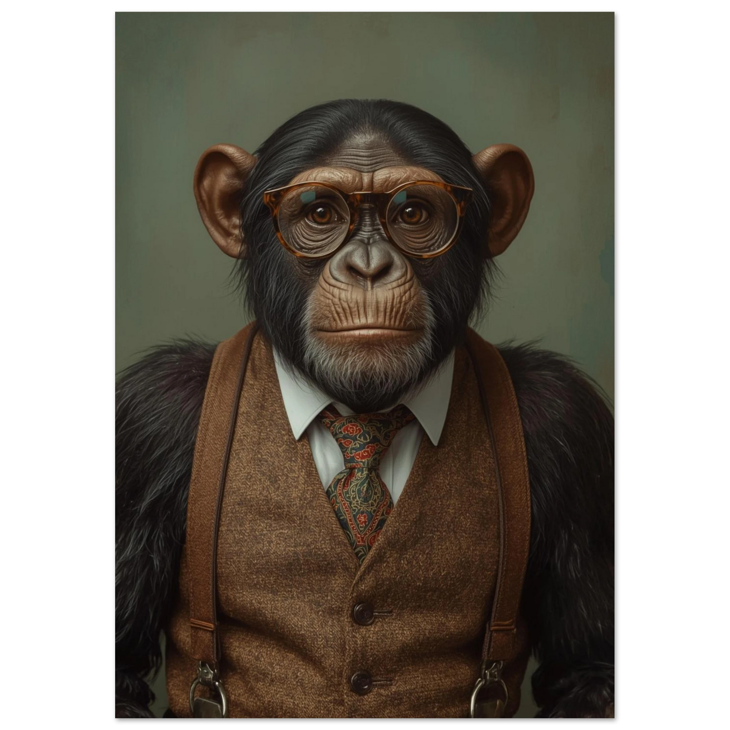 Schimpans klädd som gentleman i brun väst, sofistikerad digital konsttavla