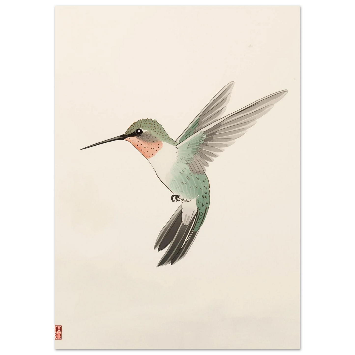 Minimalistisk fågelposter föreställande en kolibri i traditionell asiatisk konststil