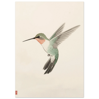Minimalistisk fågelposter föreställande en kolibri i traditionell asiatisk konststil
