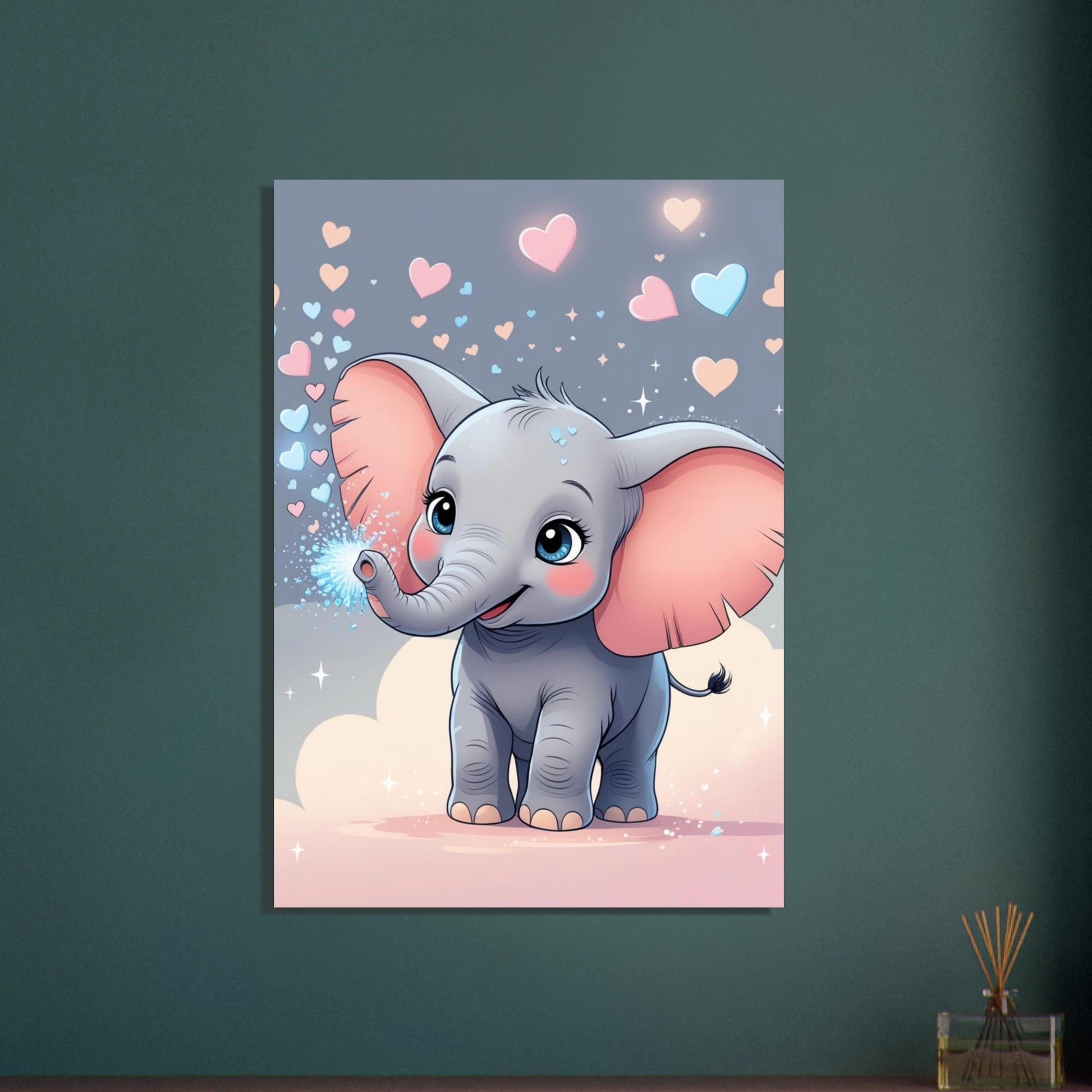 Söt baby-elefant med stora öron som sprutar magiskt vatten, omgiven av hjärtan.