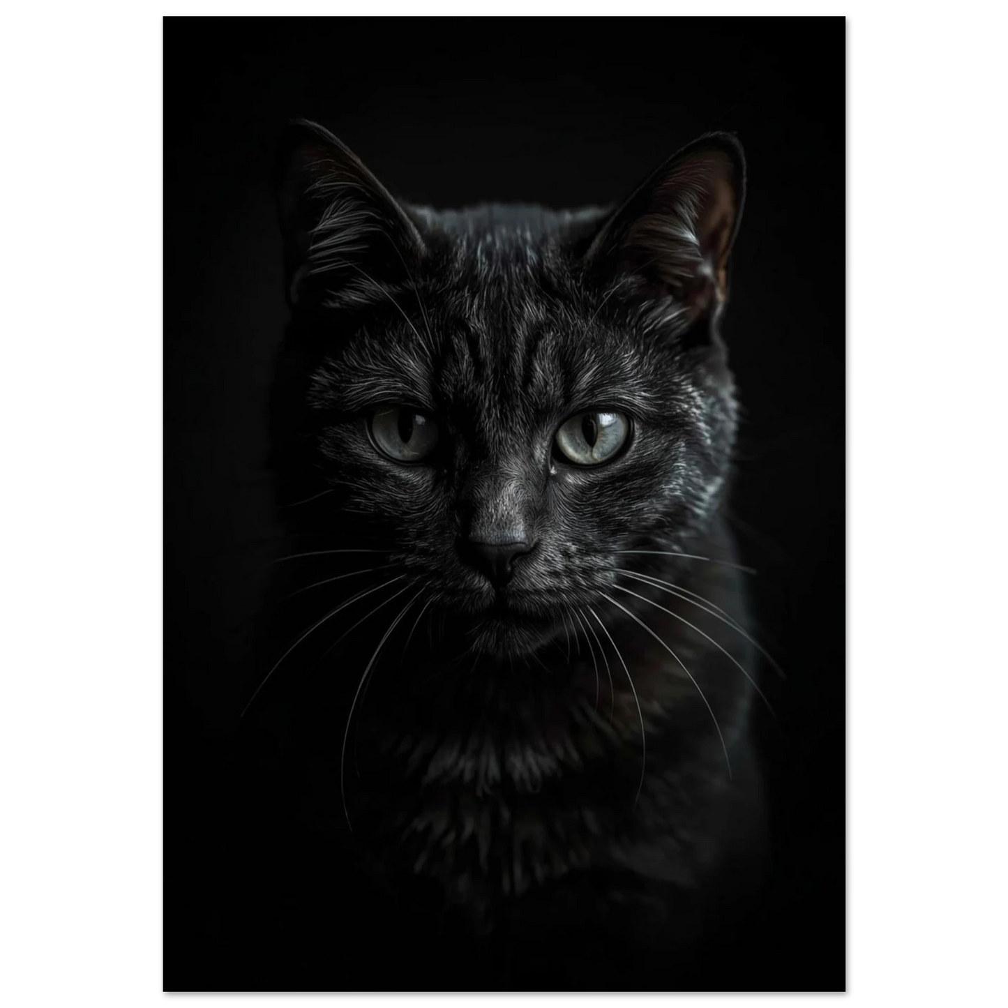 Svart katt i närbild med intensiv blick, mörk fotorealistisk djurposter