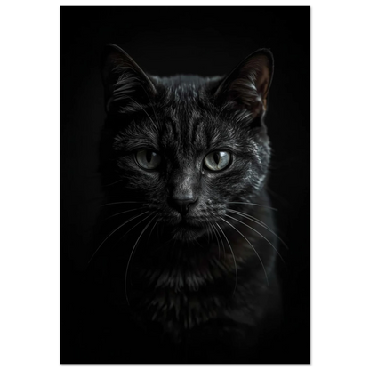 Svart katt i närbild med intensiv blick, mörk fotorealistisk djurposter