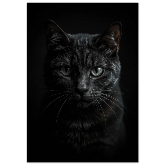 Svart katt i närbild med intensiv blick, mörk fotorealistisk djurposter