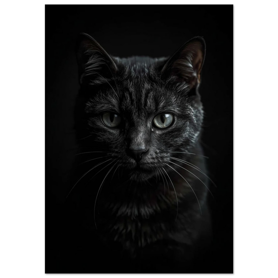 Svart katt i närbild med intensiv blick, mörk fotorealistisk djurposter