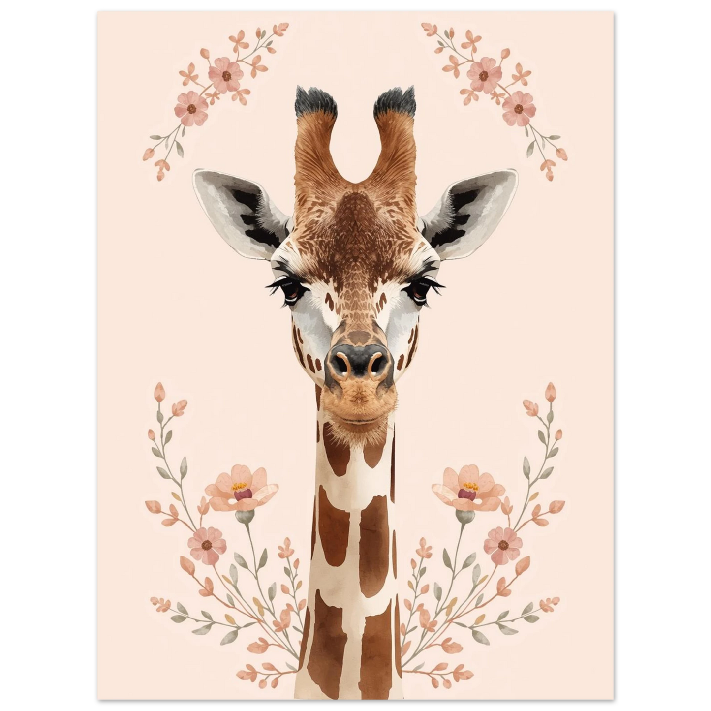 Vattenfärgsmålning av giraff med dekorativa vårblommor – mjuk väggkonst