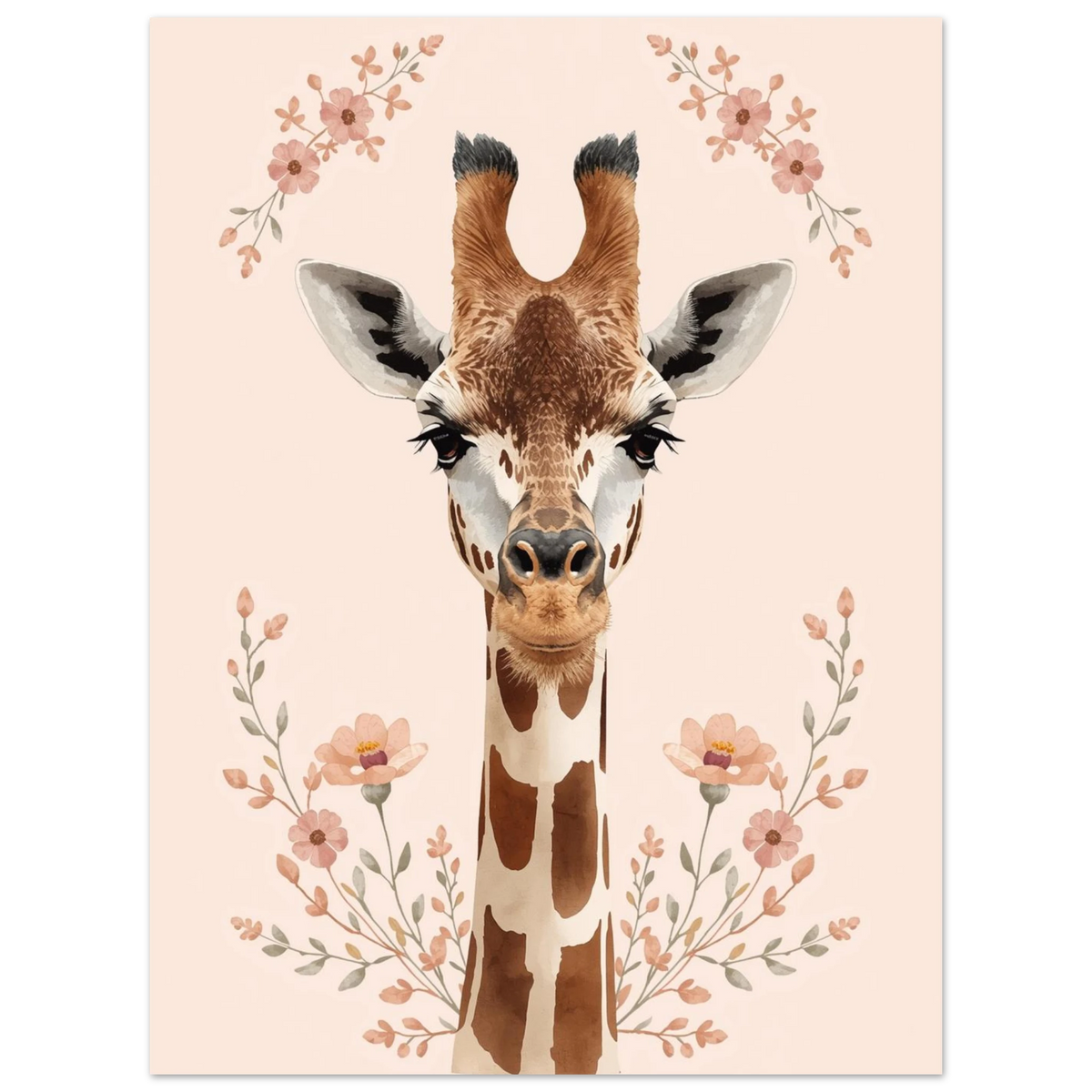 Vattenfärgsmålning av giraff med dekorativa vårblommor – mjuk väggkonst