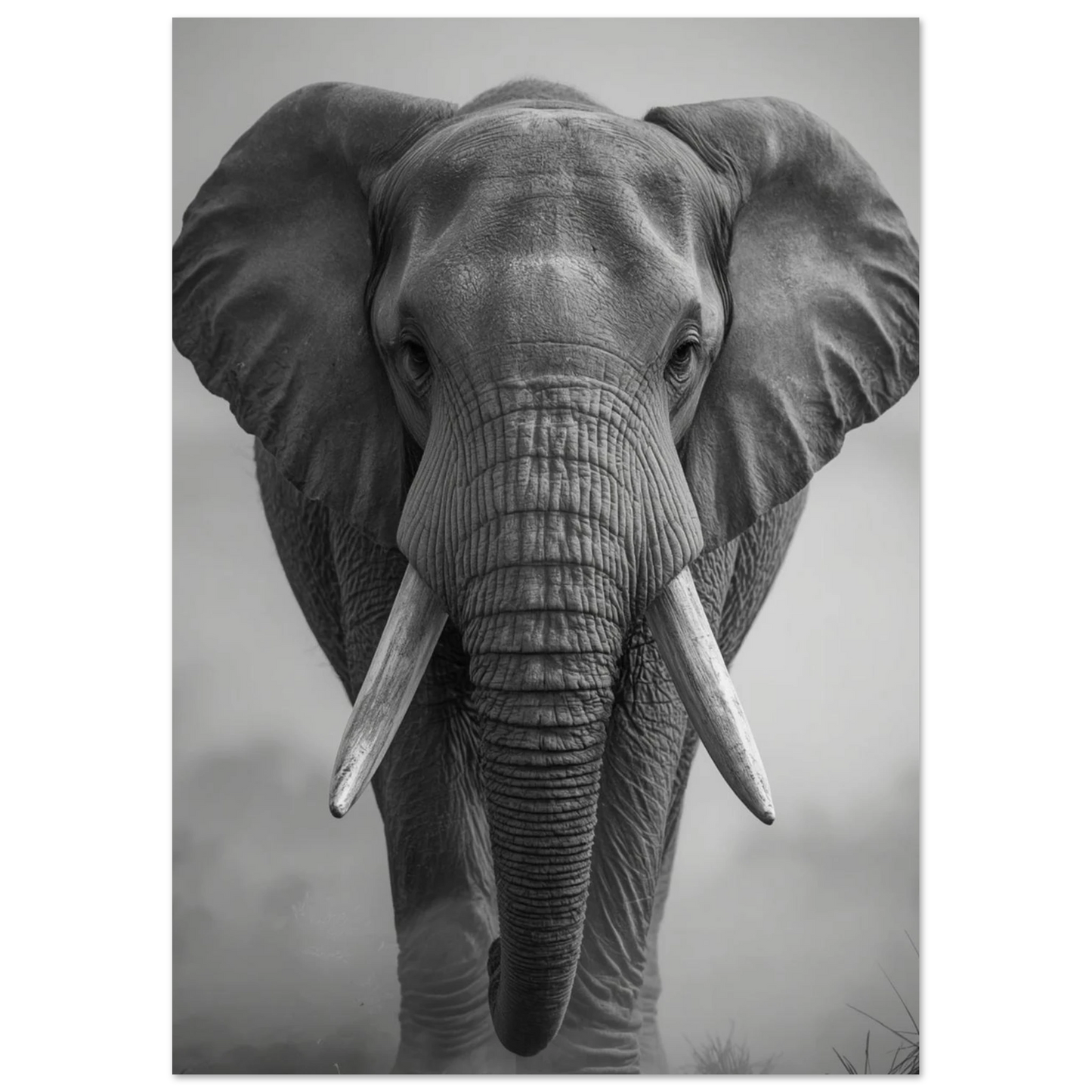 Dramatisk djurposter med en elefant i dimmigt landskap, svartvit