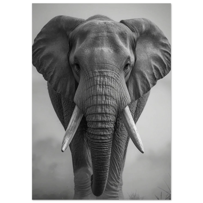 Dramatisk djurposter med en elefant i dimmigt landskap, svartvit