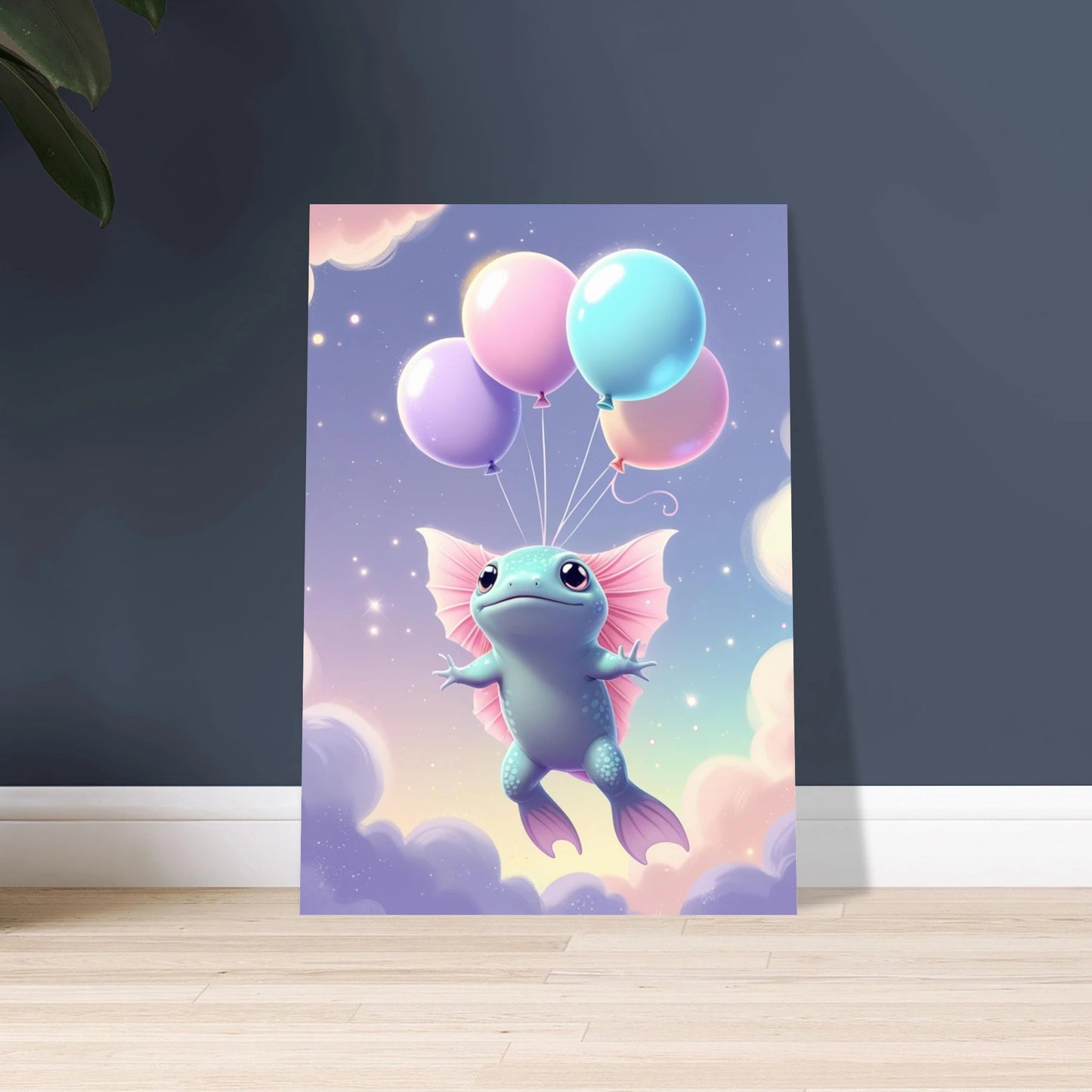 Söt axolotl svävar bland pastellmoln, drömsk och lekfull stämning.