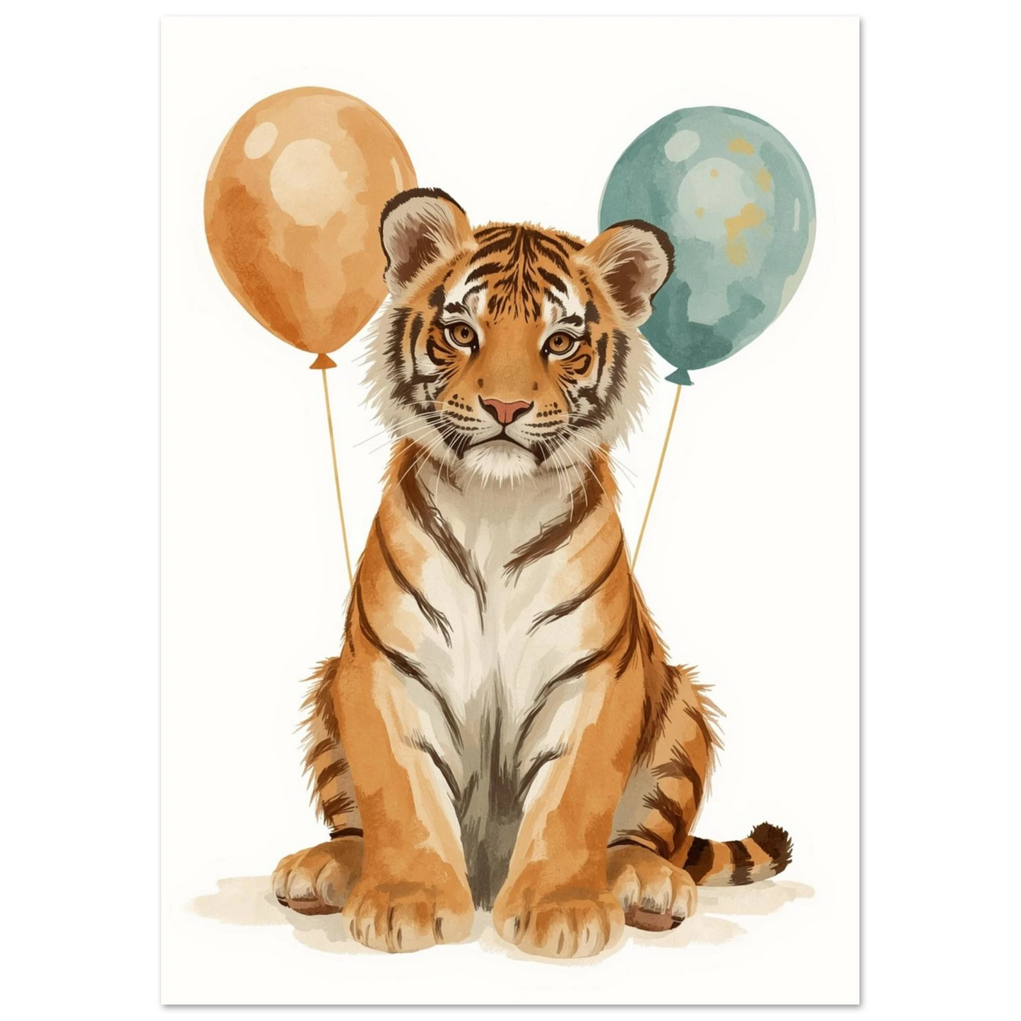 Illustrerad tigerunge i mjuka orangea toner med festliga ballonger – väggkonst