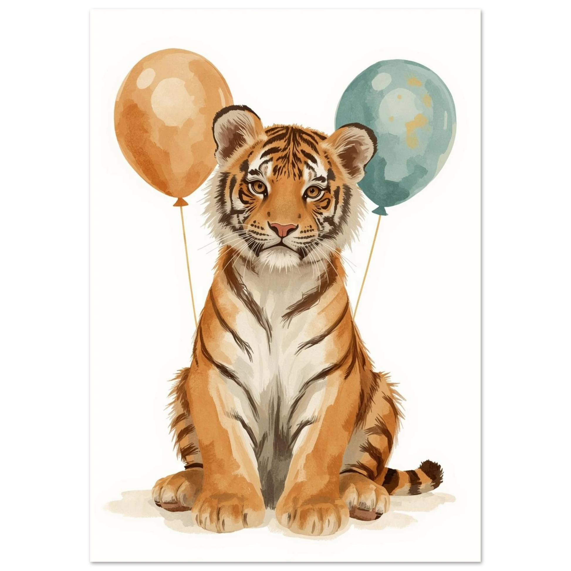 Illustrerad tigerunge i mjuka orangea toner med festliga ballonger – väggkonst