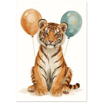 Illustrerad tigerunge i mjuka orangea toner med festliga ballonger – väggkonst